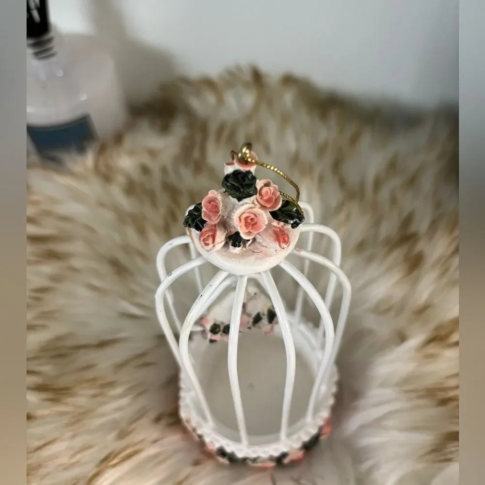 Shabby Chick White Pink Floral Cage That Hangs with 2 Lovebirds